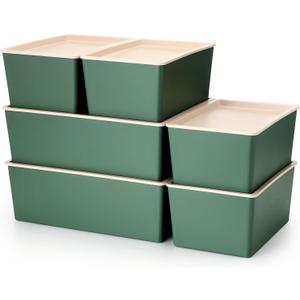 Menkxi 6 Pcs Plastic Storage Bins with Lids Stackable Storage Containers Durable Box Baskets for Organizing Shelves Playroom Classroom Office (Green,Large and Small)