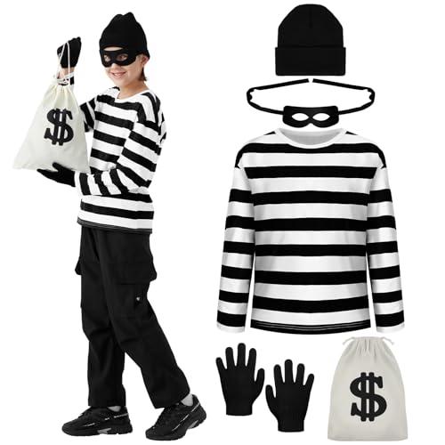 ComfyKit 5PCS Kids Robber Costume Set,Bank Burglar Costume Shirt with Accessories,Halloween Robber Cosplay Outfits for Boys Girls Size Large