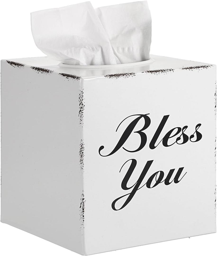 Sumnacon Tissue Box Cover Square, Bless You Tissue Holders, Decorative Tissue Box Holder Open Bottom, Cube Metal Tissue Cover for Bathroom, Bedroom, Living Room, Office, Tabletop, Gift Option, White