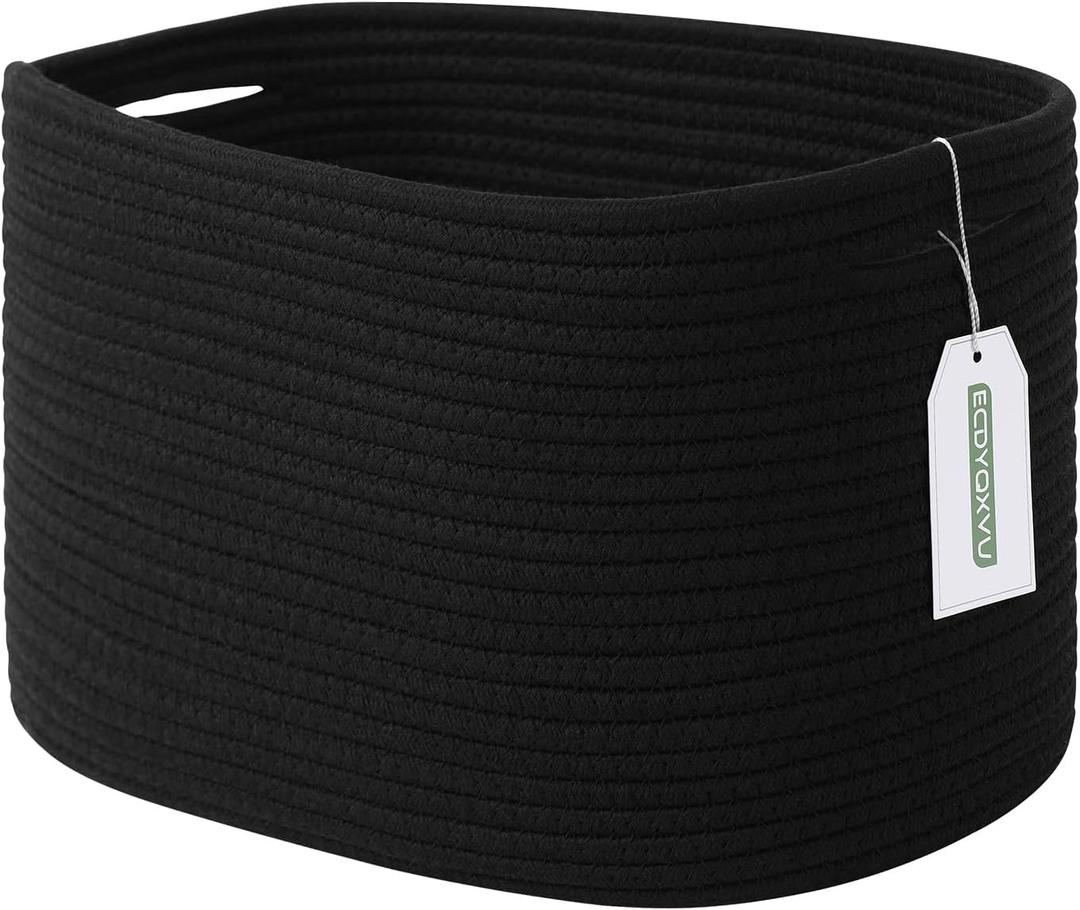 Cotton Rope Storage Basket, 15x10x9 Inches, Woven Basket for Shelves, Clothes, Toys, Towels, Books, and Laundry, Durable and Stylish, Black (1 Pack)