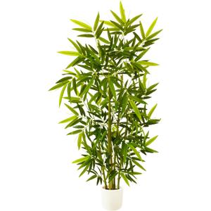 Artificial Bamboo Tree, 5ft Tall Fake Bamboo Plant with White Planter, Faux Trees with 5 Trunks and Lifelike Leaves for Indoor Outdoor Home Office Dcor