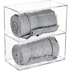 SEANADO Trash Bag Dispenser Roll Holder, 2 Compartment Wall Mount Acrylic Kitchen Double Side Loaded Organizer Storage Box Holder for Garbage and Grocery Bags (10.4 x 5.5 x 11inches)
