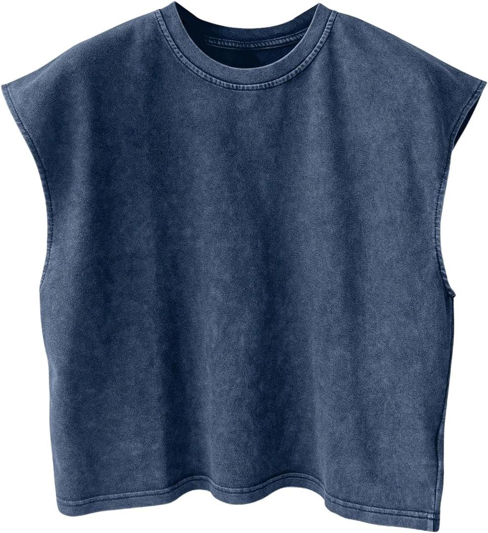 RoseSeek Men's Summer Washed Tank Tops Sleeveless Shirts Crewneck Cap Sleeve Crop Top Vintage Muscle T Shirts (Blue, S)