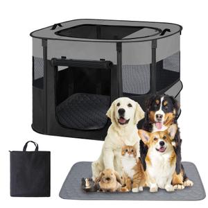 Pet Dog Cat Playpen with Waterproof Pad,Portable Puppy Kitten Rabbit Crate and Other Small Animals Kennel Cage Tent for Indoor Outdoor Travel Camping,Water-Resistant Breathable Shade Cover (Grey S)