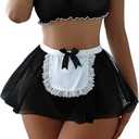 Sexy Stockings Mini Skirt Mesh Sheer Lace Halloween Costume Maid Outfit Lingerie with Thong Set 4 Piece, Size: XXL