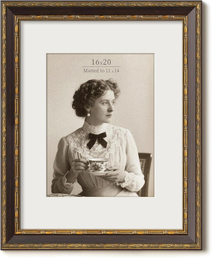 Vintage 16x20 Picture Frame, Ornate Antique Gold 16x20 Frame, Display 11x14 with Mat or 16 x 20 without Mat for landscape or Portrait, Gallery Wall Decor for Home (Brown/Gold, Single)
