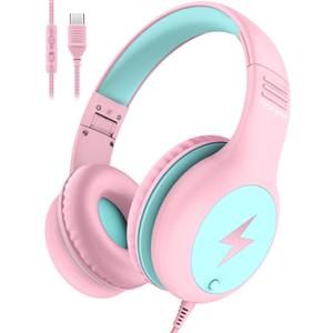 Kids Headphones Wired with Microphone, USB Type C Headphones for Kids Girls Boys with Cord/LED Lights/85/94dB Volume Limit, Portable Over Ear Headphones for School/Travel/Tablet/iPad (Pink)