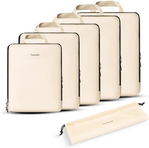 Travelvaez 6 Set Compression Packing Cubes. Expandable and Lightweight Packing Cubes for Travel with Laundry Bag. (Beige).