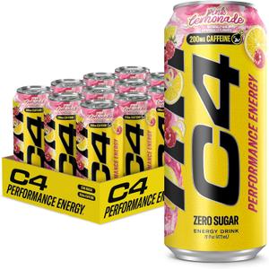 C4 Performance Energy Drink, Pink Lemonade Zero Sugar Carbonated Pre-Workout Energy, 200mg Caffeine with Beta Alanine, 16 Fl Oz Cans (12 Pack) (EXP 09/09/27)