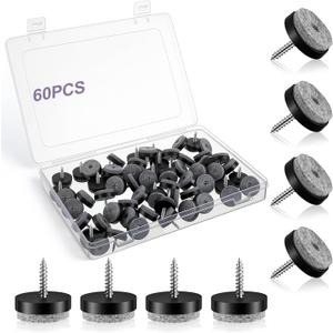 60 Pcs Black Screw on Furniture Felt Pads Kit, 0.8 Inch Non Slip Furniture Pads, Nail in Hardwood Floor Protector for Wooden Leg Feet of Chair Table Sofa, Cutting Boards
