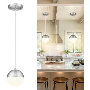 LMS 6-inch Brushed Nickel Pendant Light, Mid Century Kitchen Island Pendant Light Fixtures with White Globe Glass, Adjustable Hanging Light for Dining Room Bedroom Bathroom, LMS-186BNS (Silver)