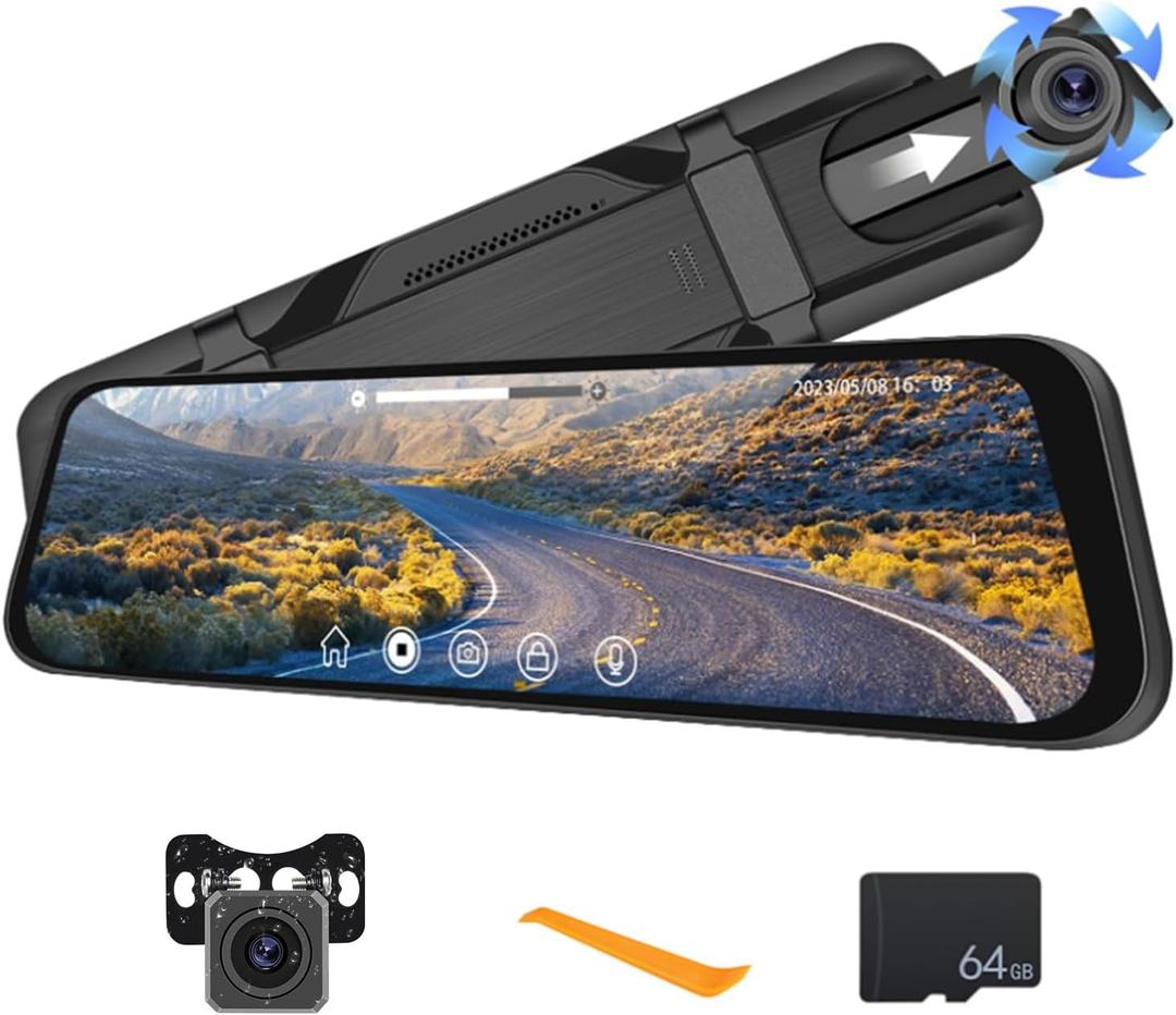 CAMECHO 9.66" Mirror Dash Cam Rear View Mirror Camera Front and Rear 1080P Backup Camera with 64GB Card, Touch Screen Dual Front and Rear Camera/Night Vision/G-Sensor/Parking Monitor/Loop Recording
