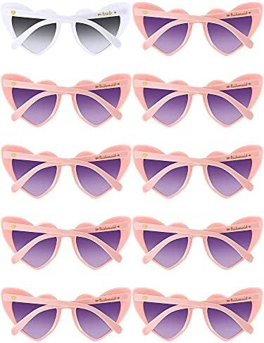 Weewooday 10 Pairs Heart Sunglasses Cat Eye Bachelorette Bridesmaid Sunglasses for Women Wedding Bachelorette Party Favors,( 9 Pink, 1 White)