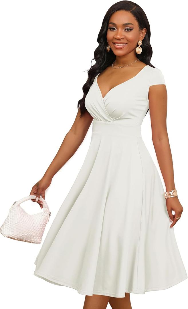 MarryUP Women's Cap Sleeve 1950s Retro Vintage Cocktail Wedding Prom Party Dress for Women White M