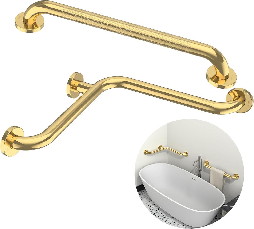 Gold Corner Grab Bar 16x16 Inch w/Knurled Grab Bar 20 Inch, Zepolu Stainless Steel Angled Bathroom Grab Bars, L-Shaped Support Bar for Shower Toilet, Wall Mount Safety Handrail for Seniors Disabled