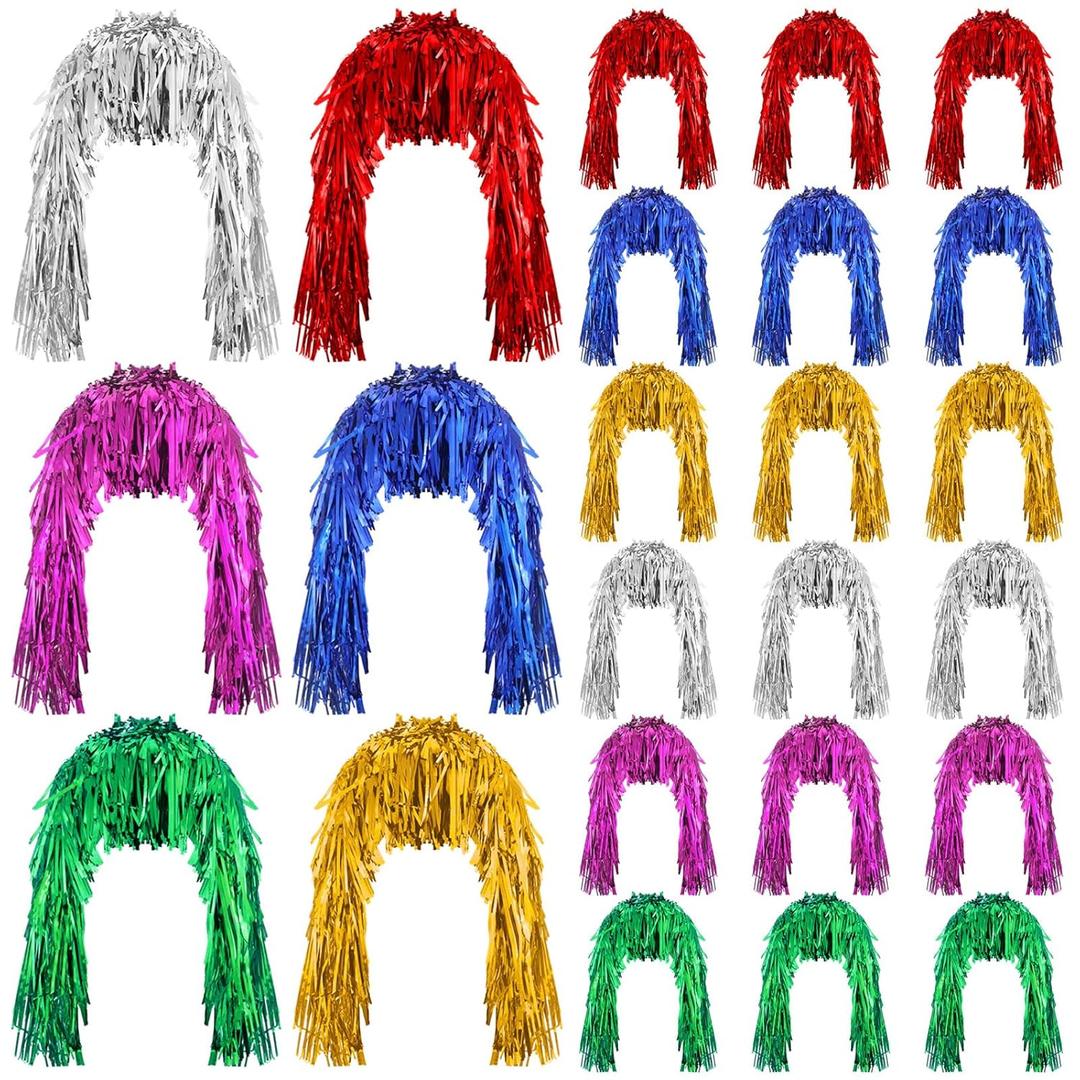 Geyoga 24 Pcs Foil Tinsel Wigs Fancy Dress Metallic Shiny Party Wig 80s Photo Booth Props Disco Women Cosplay Supplies(Multicolor)