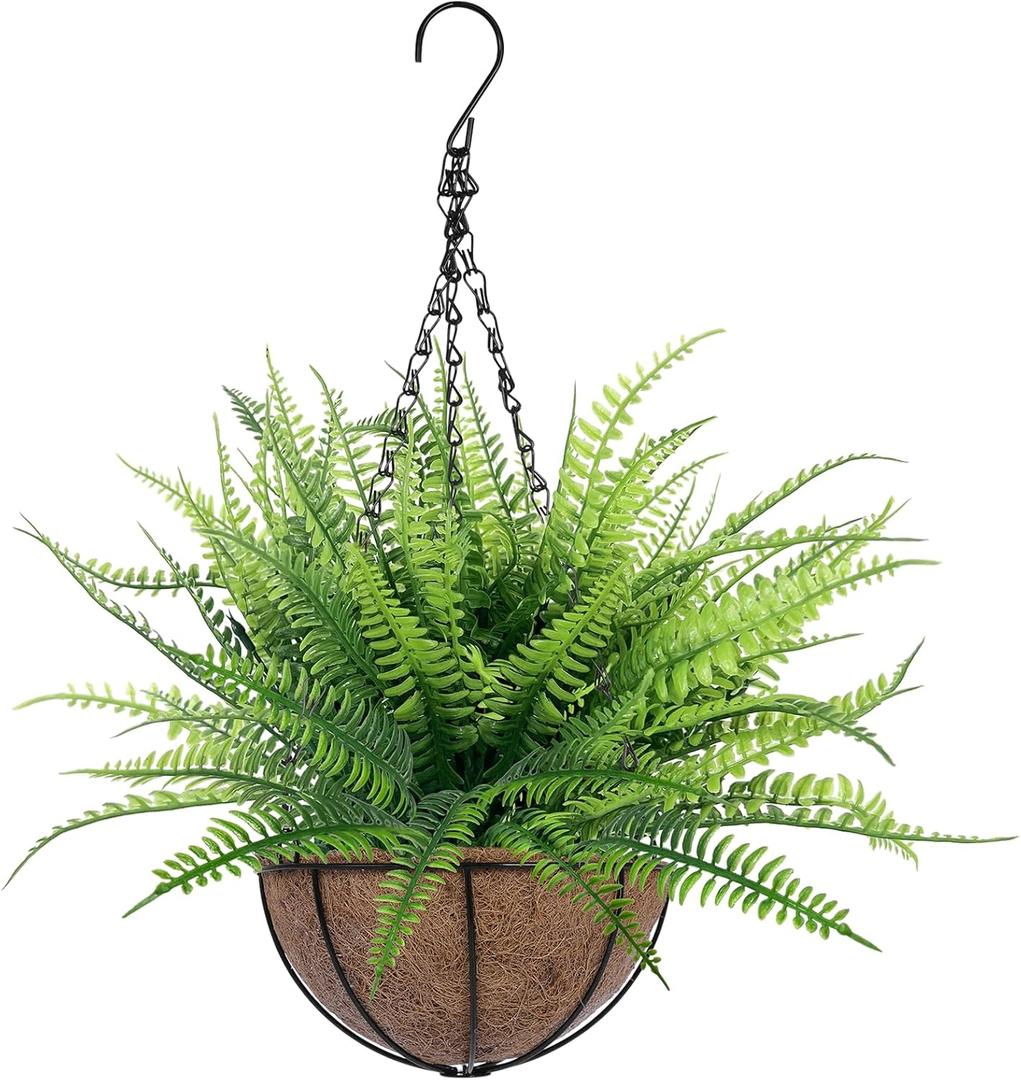 TURNMEON Fake Hanging Plants Flowers Baskets for Outdoor Decoration, 5 Bundles Artificial Faux Boston Ferns in Hang Planter Realistic UV Resistant for Porch Home Patio Gardens Balcony Yard Outside (Green)