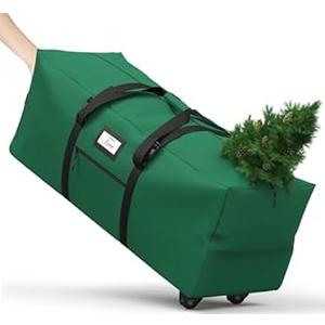 Christmas Tree Storage Bag with Rolling Wheels, Fits for 9ft Xmas Artificials, Large Xmas Storage Container with Reinforced Carry Handles and Fixed Buckle, 600D Oxford Cloth, Dual Zippers