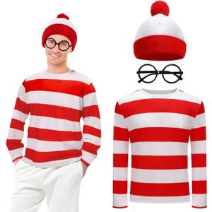 3 Pcs Halloween Costume Accessories Adult, Red and White Striped T-Shirt/Hat/Glasses for Men Cosplay Party Set (X-Large)