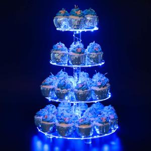 YestBuy 4 Tier Round Cupcake Stand  Premium Cupcake Holder  Acrylic Cupcake Tower Display- Cady Bar Party Dcor + LED Light String  Ideal for Weddings, Birthday Parties & Events (Blue)