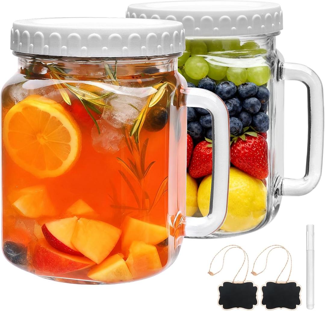 Brajttt 2 Pack Wide Mouth Mason Jars,74oz Large Mason Jar with Handle,Sun Tea Glass Jar for Outside,Glass Food Storage Jars For Juice,Sugar, Flour, Pickle, Coffee, Candy