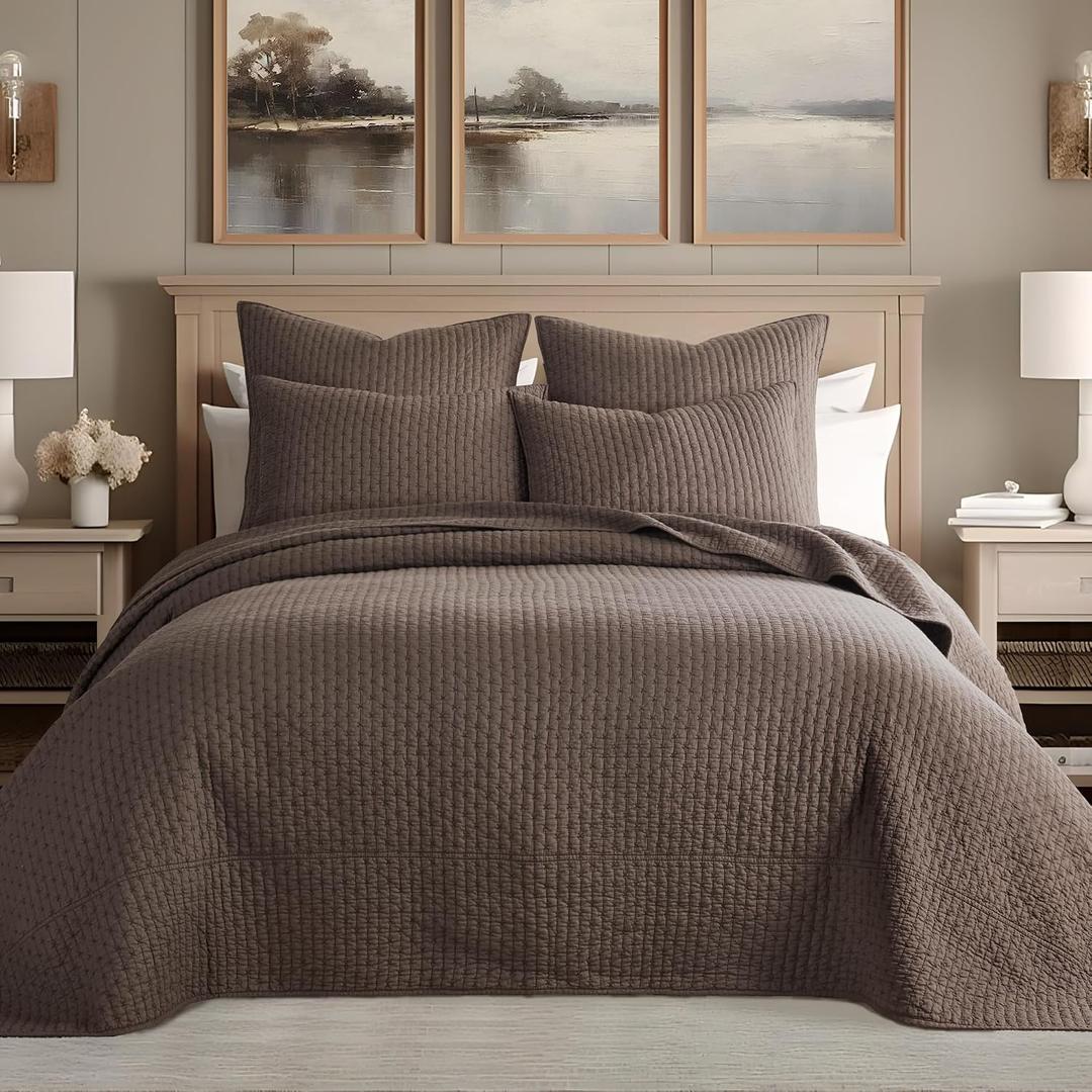 Levtex Home Cross Stitch Reversible King Bedspread Set (120x104in) with 2 Pillow Shams (36x20in) - Stitch Texture - Cocoa - Cotton King Size Bedspread Set - Soft, Pre-Washed