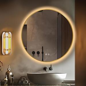 Niccy 28" Round LED Bathroom Backlit Mirror with Lights, Gold Frame Lighted Bathroom Vanity Mirrors for Wall Circle Mirror with Anti-Fog, Light Up Mirrors 3 Color ShatterProof