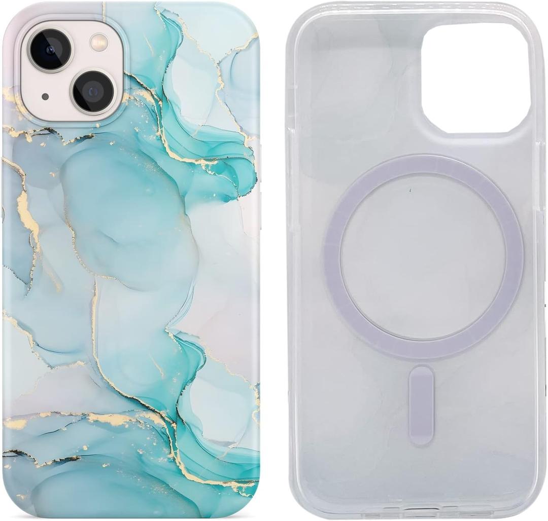 Magnetic Case for iPhone 13 and iPhone 14 6.1 inch Compatible with MagSafe Charging Soft TPU Bumper Slim Shockproof Protective Cute Cover with Screen Protector (Pastel Green Marble)