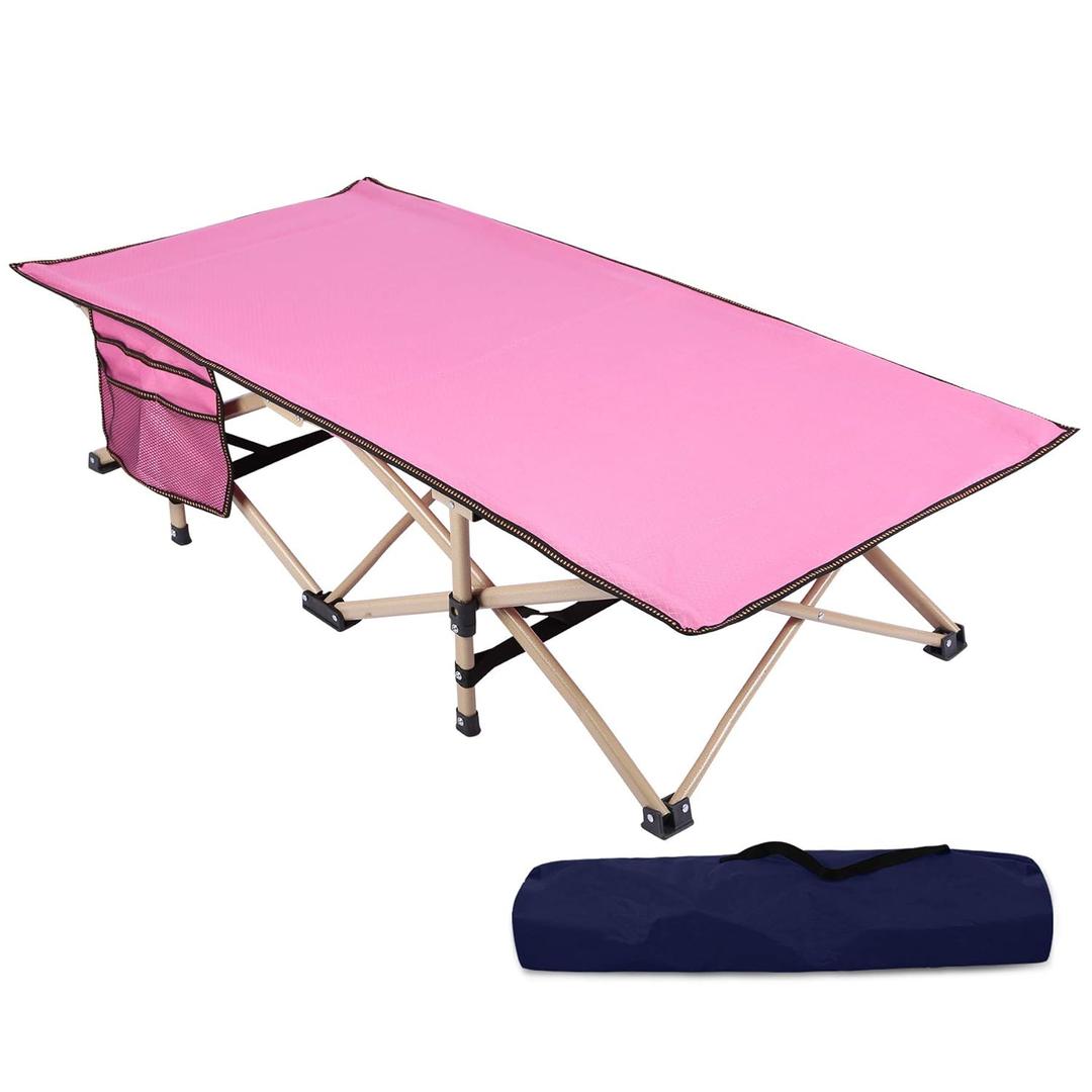 REDCAMP Extra Long Kids Cot for Sleeping 2-7 Years, Portable Travel Toddler Cot Bed with Carry Bag, Lightweight for Outdoor Indoor Home, Pink 53''x26''