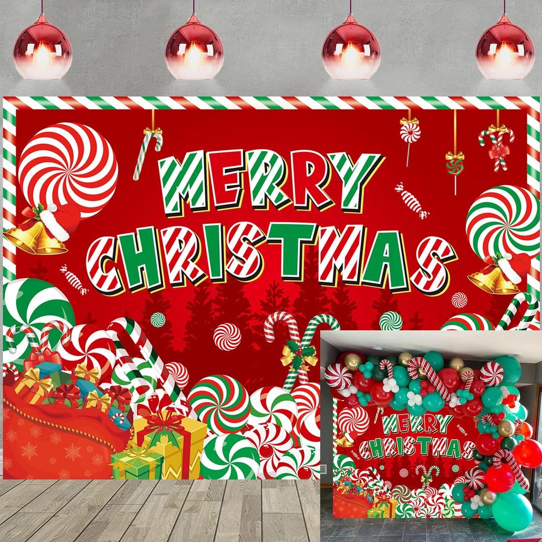 Peppermint Christmas Backdrop Merry Christmas Peppermint Candy Cane Lollipop Photography Background Kids Adults Xmas Birthday Winter Family Holiday Baby Shower Party Decoration (7x5FT)