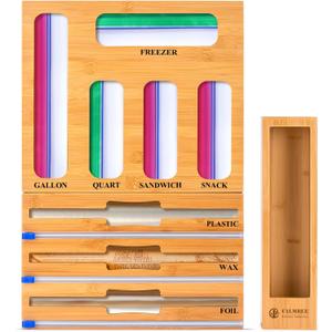 Calmbee 9 in 1 Bamboo Storage Bag Organizer for Kitchen Drawer  Plastic Wrap Dispenser with Cutter & Foil Organizer, Wooden Baggie Organizer for Sandwich, Snack, Gallon, Quart Sizes, Natural