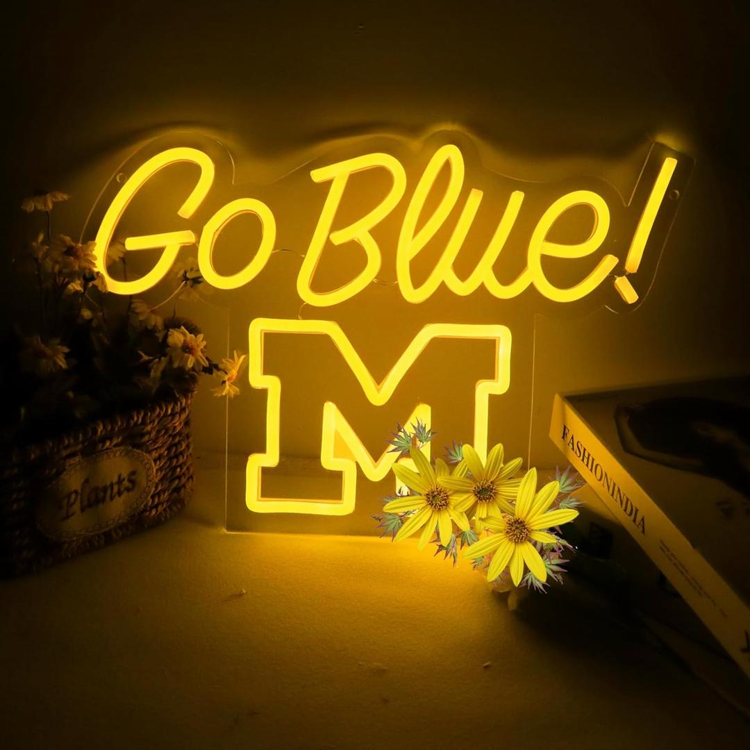Michigan Neon Wolveriines Sign Go Blue Vibrant LED Wall Art for University of Michigan Fans for Game Day, Man Cave, Dorm & Bar Decor - Michigan Rugby Football Sports Team Spirit Gift for Alumni & Students