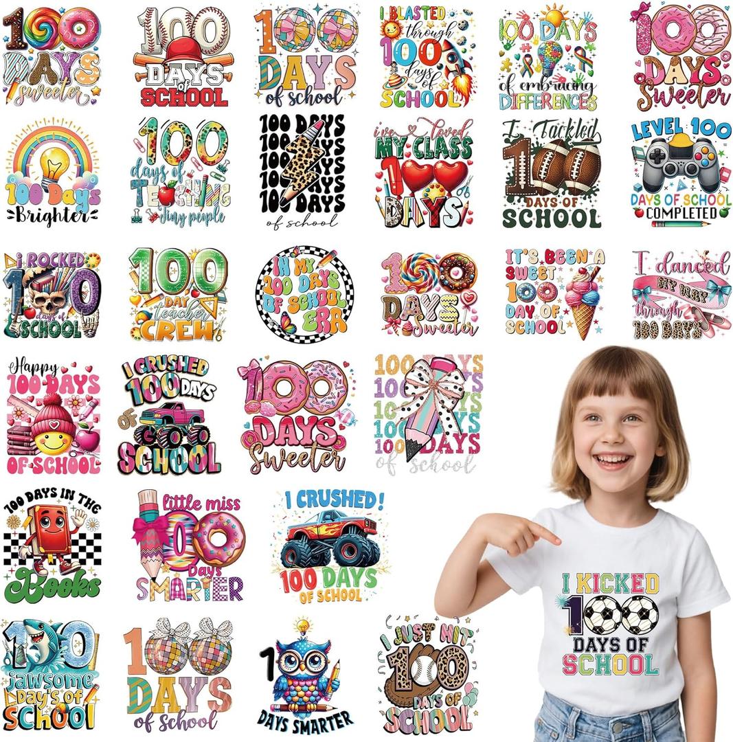 30 Sheets 100 Days of School Iron on Transfers for T-Shirts, 100th Day of School DTF Transfers Ready to Press Heat Transfers Vinyl, Iron on Decals for Clothes Bag Pillow Covers DIY Crafts