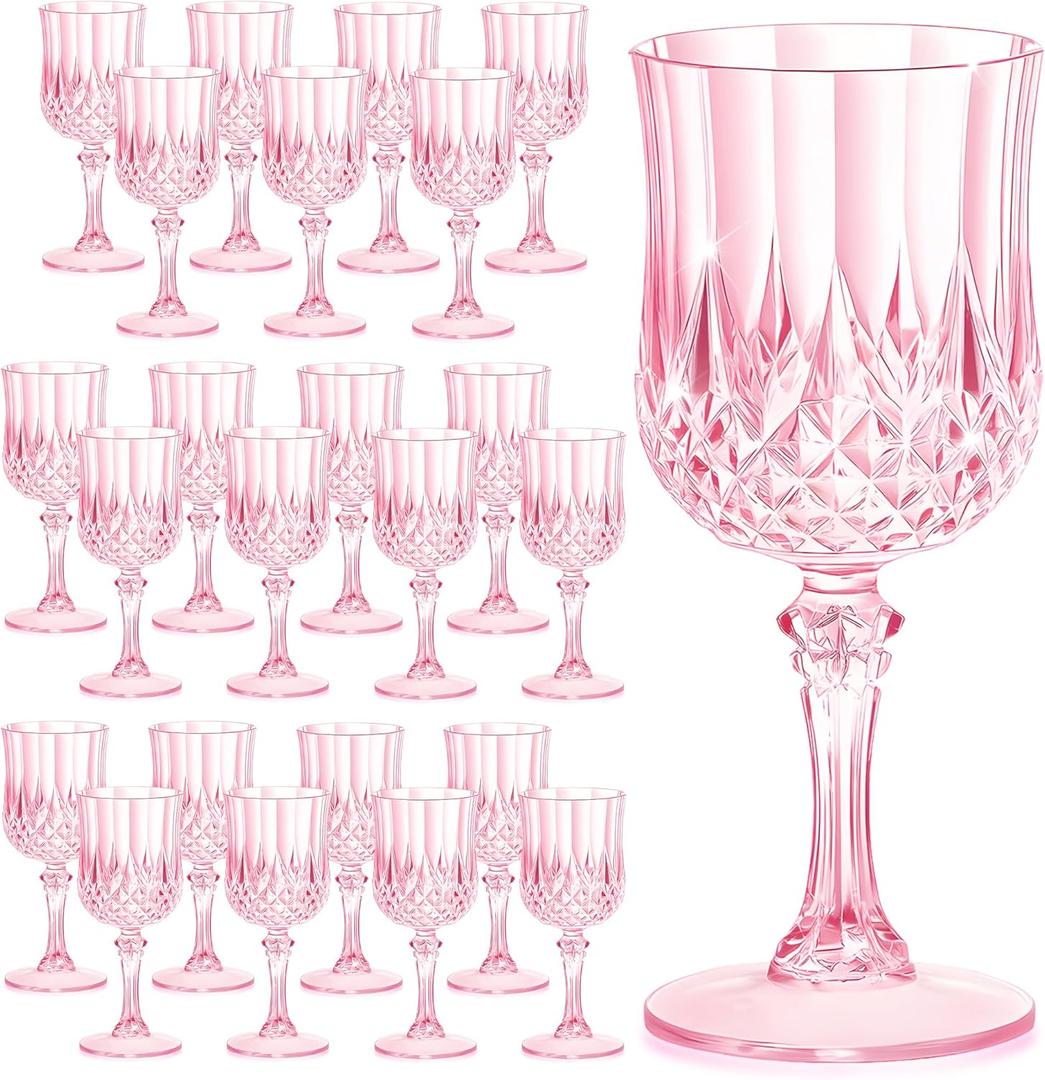 7OZ Plastic Wine Glasses, Reusable Vintage Goblets Unbreakable Drinking Glasses Crystal Water Cups Champagne for Wedding, Parties Mother's Day (24, Pink)