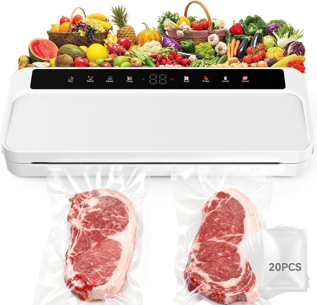 Food Vacuum Sealer Machine for Food, 8-in-1 Dry/Wet/Oil Modes Food Sealer Fit All Kind Bags with Water Tank & Digital Timer, Food Sealing Machine with Cutter & Starter Kit & 20 Vacuum Bags