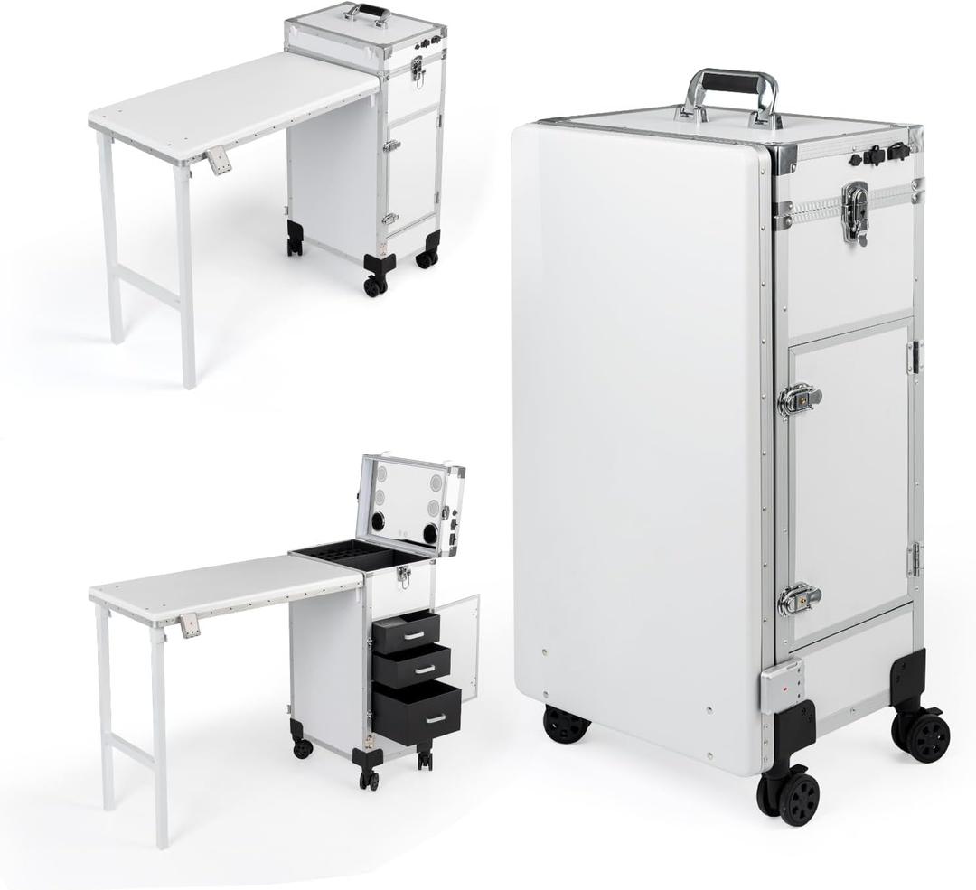Rolling Manicure Table with LED Mirror, Foldable Nail Desk on Wheels with Drawers, Portable Mobile Workstation for Nail Technicians Travel (White)