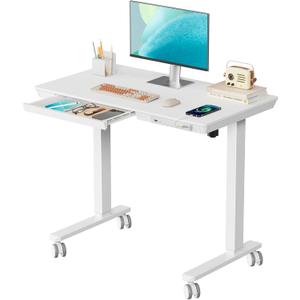 Electric Standing Desk with Drawer, 35" x 20" Whole Piece Tabletop Small Sit Stand Desk, Height Adjustable Desk with Storage & USB Ports, Quick Install Home Office Computer Desk, White