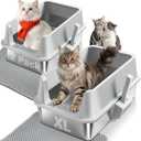 2PACK Stainless Steel Cat Litter Box, Extra Large Litter Boxes for Big Cats | High Sided, Anti-Urine Leakage, Odor Free, Non-Sticky, Easy Cleaning, Include Mat & Scoop