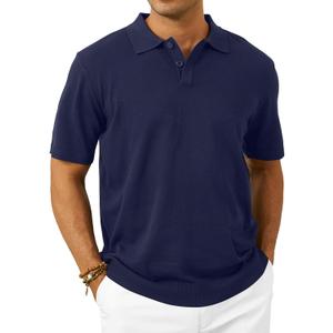 Mens Knit Polo Shirts Short Sleeve Casual Classic Collared Stretchy T-Shirts (Medium, Navy)