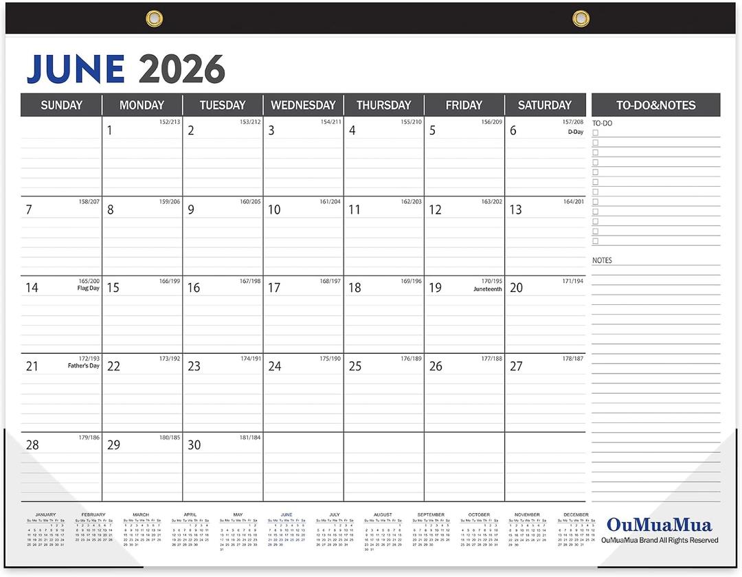 OuMuaMua Large Desk Calendar 2026-2027 - 19 Months from Jun. 2026 through Dec. 2027, 22 x 17 Inches Desktop Wall Calendar with Julian Date To-do & Notes, Corner Protectors for School Home Office