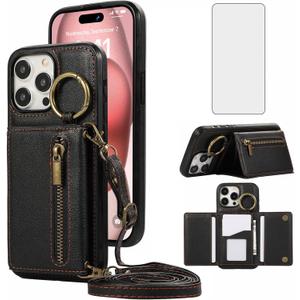 Compatible with iPhone 16 Pro 6.3 inch Wallet Case with Screen Protector and Crossbody Shoulder Strap Ring Buckle Stand Card Holder Cell Phone Cover for i Phone16 i16 16Pro Women Girls Men Black