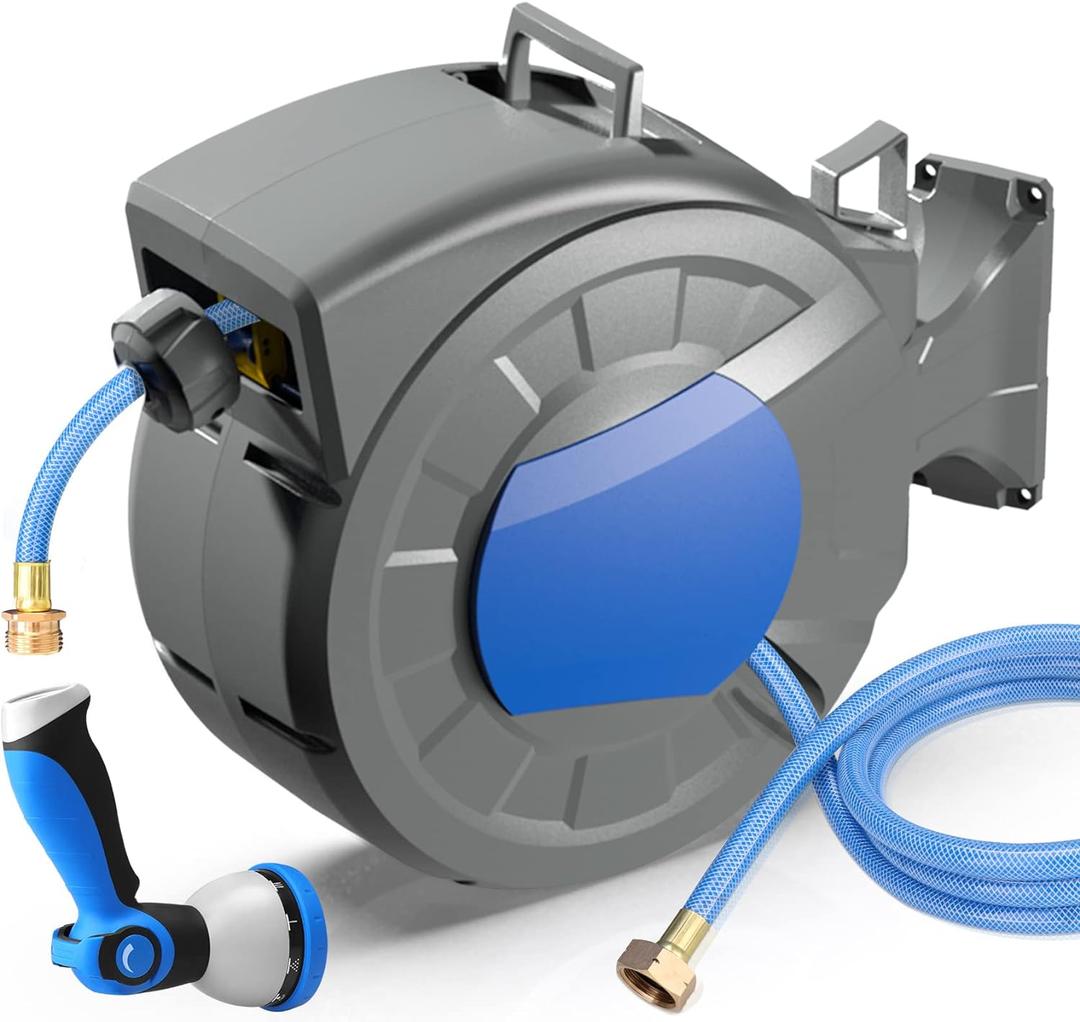 Retractable Garden Hose Reel Wall Mount 1/2" x 100 ft + 6.5 ft Water Hose Reel for Outside with 10 Pattern Nozzle, Automatic Slow Rewind System/Lock Any Length/180Swivel