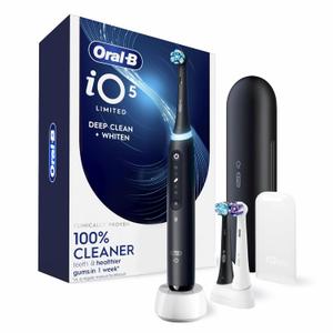 Oral-B Rechargeable Electric Toothbrush, iO5 Limited Deep Clean & Whiten, 5 Cleaning Modes, Visual Pressure Sensor to Protect Gums, Travel Case, 3 Brush Heads, Black (1 Count (Pack of 1))