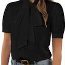 Rooscier Women's Bow Tie Neck Short Sleeve Dressy Blouse Elegant Business Casual Shirt Top, L