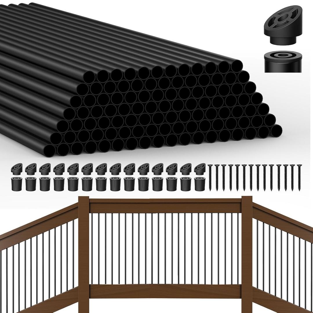 HYPERGIANT 105 Pack 26" Aluminum Deck Balusters,3/4" Round Deck Railing Spindles with Conectors and Screw,Hollow Metal Deck Balusters for Railing Fencing Porch,Black Deck Stair Spindles for Staircase