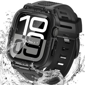 Goton 3 in 1 Waterproof Case and Band with Tempered Glass Screen Protector for Apple Watch Series 10 9 8 7 6 5 4 SE2 SE Ultra 46mm 42mm 44mm 40mm 45mm 41mm 49mm, Bumper Cover for iWatch Accessories (42mm Series 10, Black)