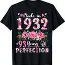 93 Year Old Made In 1932 Floral 93th Birthday Women T-Shirt, Size: S
