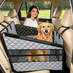 Large Dog Car Seat, Back Seat Extender for Dogs with Mesh Windows, Foldable Pet Car Seat with Hard Bottom, Waterproof Pet Seat Cover for Cars, Trucks and SUVs