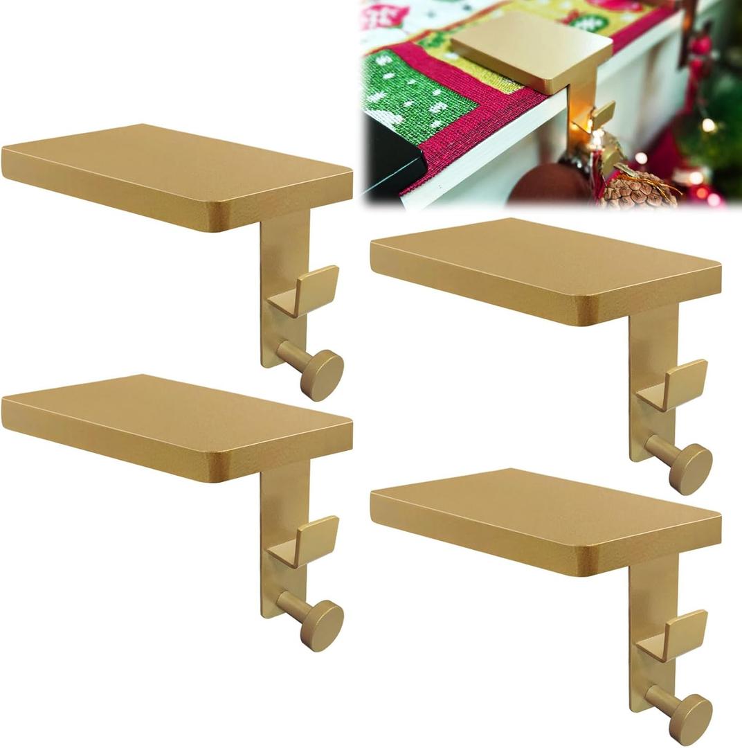 4 Pcs Gold Garland Hangers for Mantle, 2 in 1 Mantle Weighted Christmas Stocking Hanging Hooks Stocking Holder with Double Sided Tape Each Mantle Holder Has Two Hooks for Dual Purpose (Gold4Pcs)