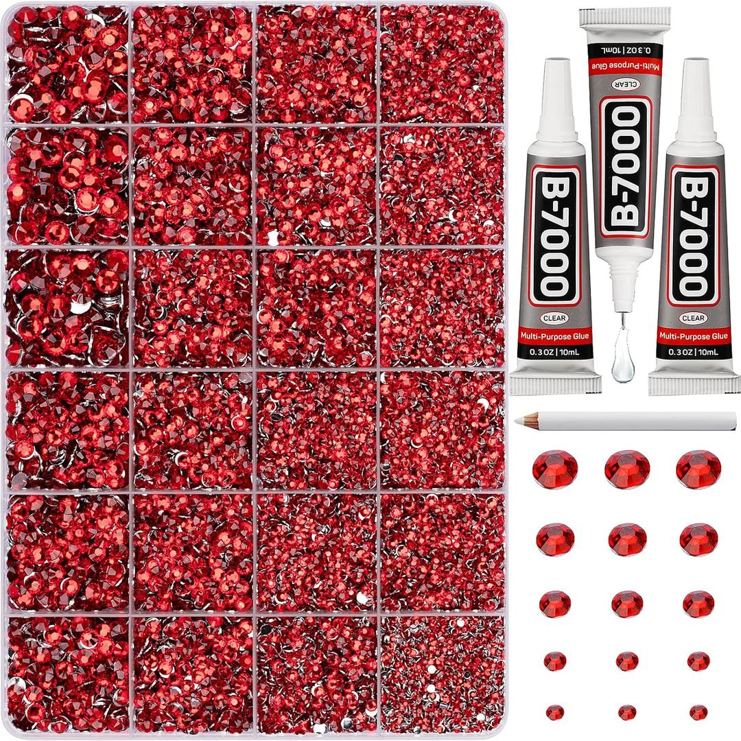 33000Pcs Red Rhinestones for Bedazzling, 2,3,4,5,6mm Siam Bedazzler Kit with Flatback Crystals Bulk and B7000 Glue, Resin Flat Back Diamonds Jewels Gems for Craftings Crafts Clothes Shoes